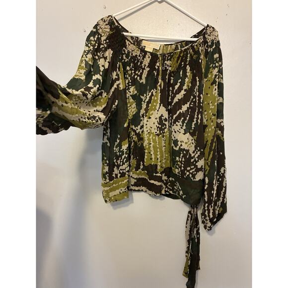 Michael Kors 100% Silk green camo print blouse 3X plus size ruched neckline Boho - Picture 13 of 16